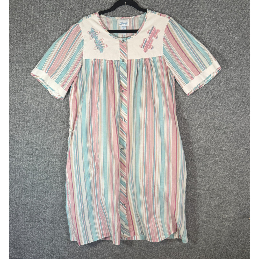 Vintage Leisure‎ Life Nightgown Womens Medium Striped Pearl Snap Cottagecore